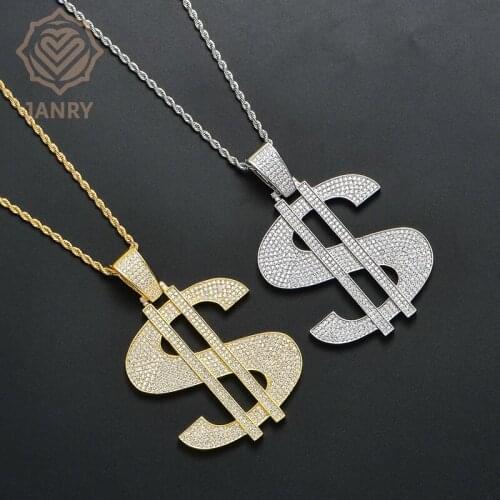 JANRY Hip Hop Domineering Large Dollar Pendant Necklac Zircon Male Hip Hop Gold Silver Necklace With 60cm Chain For Men Women