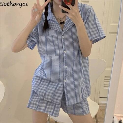 Plaid Pajama Sets Women Retro Short Sleeve Tops Elastic Waist Shorts Students Ulzzang Cozy Sleepwear Leisure Trendy Lounge Hot