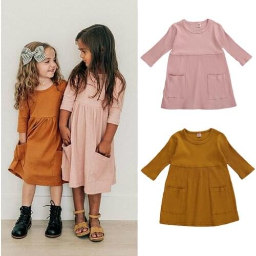 FOCUSNORM 4 Colors Infant Baby Girls Autumn Knit Dress Three Quarter Sleeve Solid Pocket Knee Length A-Line Dress