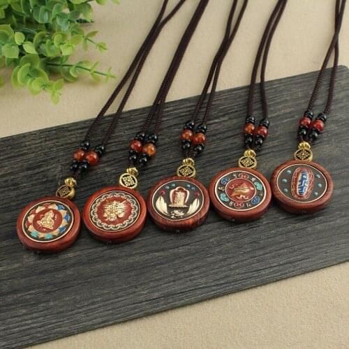 Vintage Handmade Lotus Blood SandalWood Thangka Pendants & Necklaces Elephan Fish Nepal Necklace Women Men Lucky Jewelry