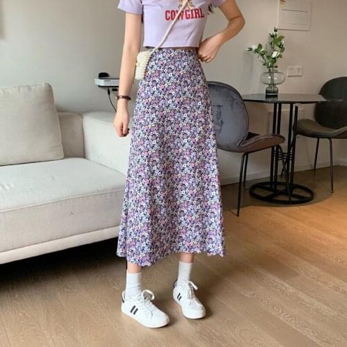 Skirts Womens Floral A-line Skirt Female Summer New Korean Style High Waist Slim Casual Long Skirt