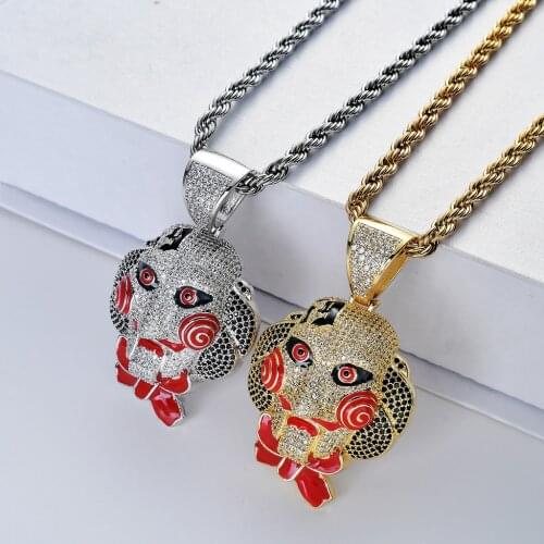 Hip Hop Jewelry Cubic Zircon Gold Silver Saw Horror Movie Theme Iced Out Chain Mens Gifts Saw Clown Pendant Necklaces