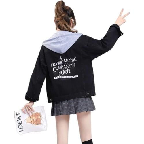 Womens Denim Jacket 2021 Spring Autumn New Single-Breasted Female Blouse Loose Student Hooded Embroidered Short Ladies Jacket