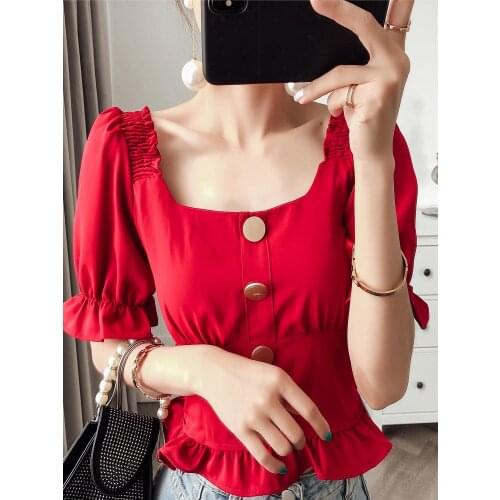 Solid color shirt female short paragraph small fresh 2020 new design sense lotus leaf hem waist top female summer short sleeve