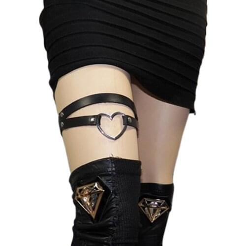 Womens Adjustable 2 Rows Faux Leather Sexy Leg Thigh Harness Garter Belt Punk Gothic With Hollow Heart Metal Ring Party Costume