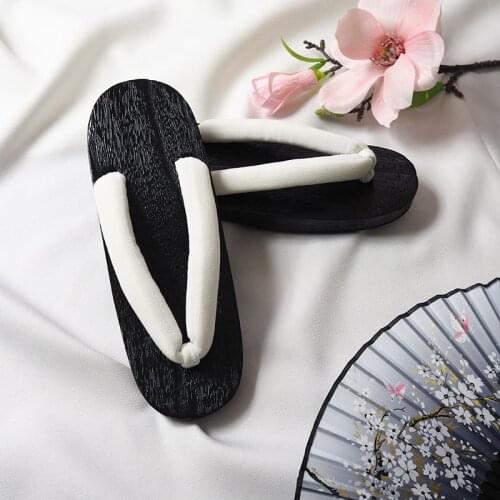 Womens Japan Geta Burned Black Outsole Flat Heel Summer Flip Flops Casual Wood Sandals Bearch Sllippers Cosplay Shoes
