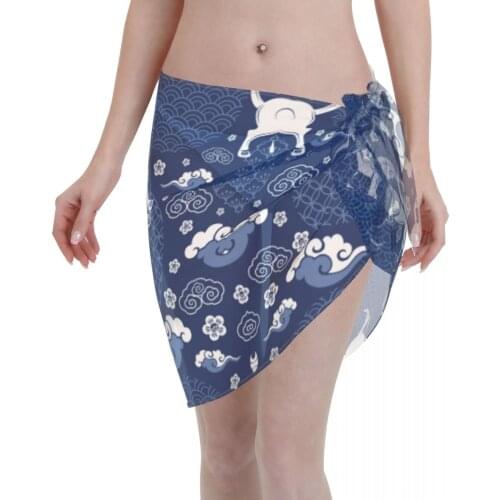 Women Beach Bikini Cover Up Chinese Zodiac Ox Sign Wrap Skirt Sarong Scarf Beachwear Bathing Suit Beachwear Swimsuits