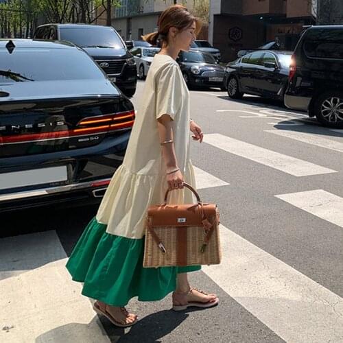 Johnature Summer New Korean Patchwork Loose Dress For Women 2021 O-neck Short Sleeve Casual Pockets Female Dresss