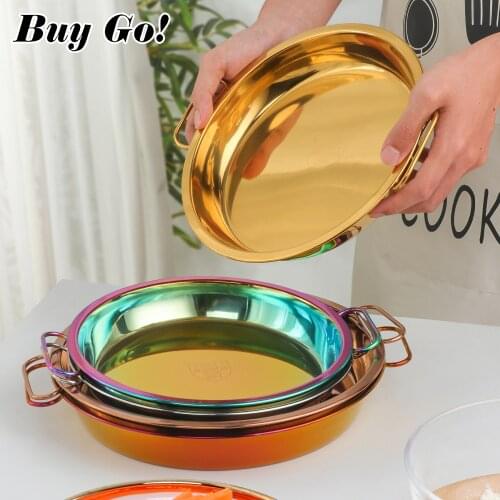 1PC Stainless Steel Pan Cold Noodle Making Tools Round Serving Cake Plate Thick Party Steamed Rice Fruit Tray for Home Kitchen
