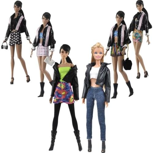 1/6 BJD Doll Clothes Fashion Leather Style Outfit Set for Barbie Accessories Skirt Dresses Bra Leather Coat Jacket Top Clothing