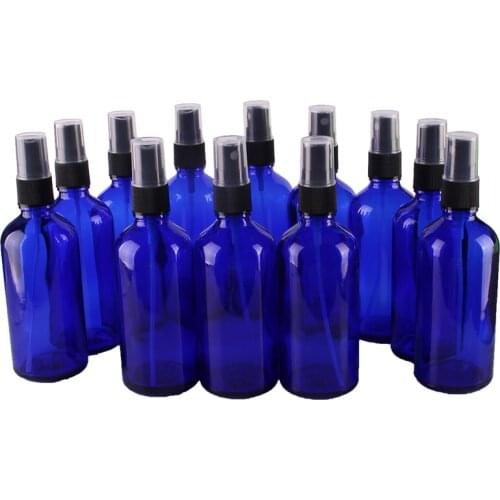 12pcs 100ml Cobalt Blue Glass Spray Bottle w/ Black Fine Mist Sprayer essential oil bottles empty cosmetic containers