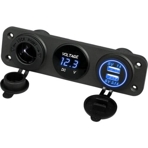 Car Marine Boat 12V Dual USB Charger Socket & Blue LED Voltmeter 3 Hole Switch Panel