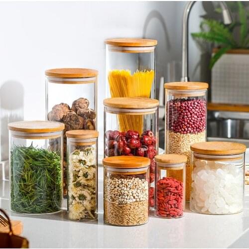 White home kitchen five grain sealed cans dried glass storage can bamboo cover tea can kitchen grain storage box snack cans