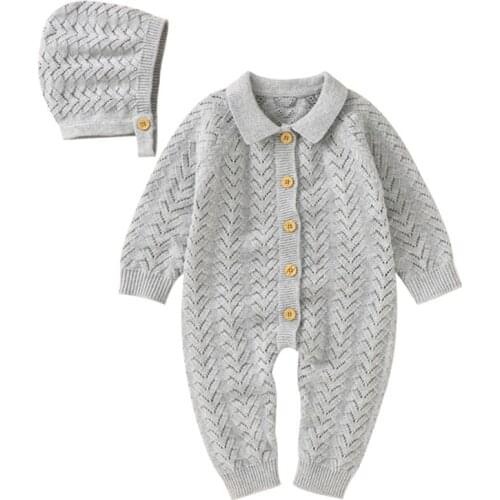 Baby Rompers Hats Clothes Sets Fashion Solid Knit Newborn Boy Girl Jumpsuits Outfits Autumn Winter Long Sleeve Overalls Playsuit