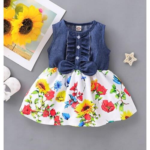 Denim Floral Princess Dresses for Girls 2020 Spring Sleeveless Casual Baby Clothes Fashion Party Girl Kids Fancy Costumes