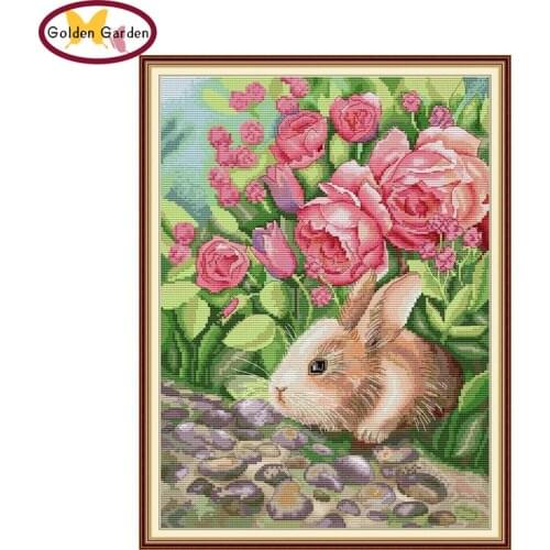 GG The Rabbit is Smelling Cross Stitch Embroidery Needlework Kit Joy Sunday Painting Cotton Canvas Cross Stitch for Home Decor