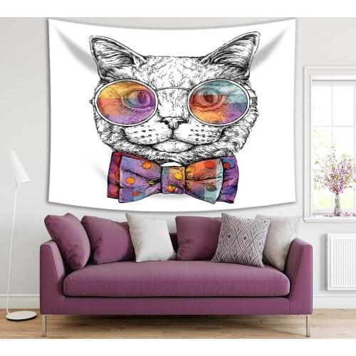 Tapestry Smart Cat Wearing Glasses and Bow Tie Polka Dots Fashion Icon Funny Cartoon Printed Gray Purple Yellow