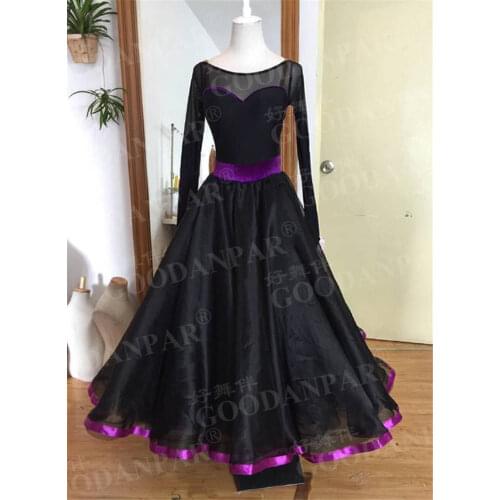 GOODANPAR Long Sleeve Backless Organza Satin Sexy Lace Ballroom Dance Practice Dress Women Bra Leotard Modern Waltz Costume