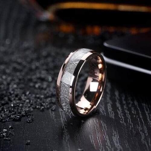 Trendy 8MM Men Rose Gold Tungsten Carbide Ring Vintage Silver Meteorites Inlaid Carbon Fibre Ring Mens Wedding Band Wholesale