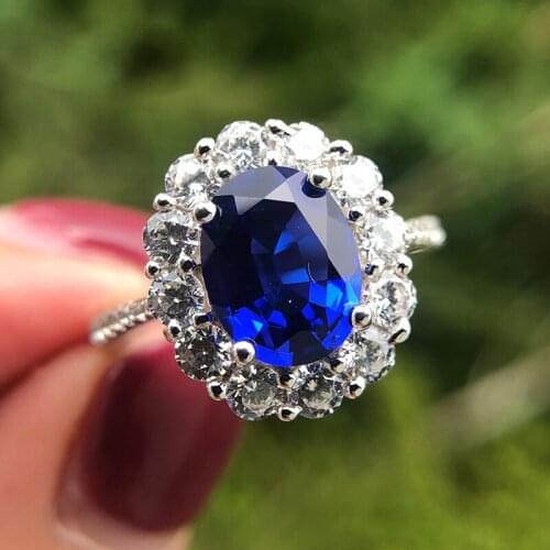 Luxury 100% 925 Sterling Silver Created Oval Sapphire High Carbon Diamond Wedding Rings For Women Cocktail Party Fine Jewelry