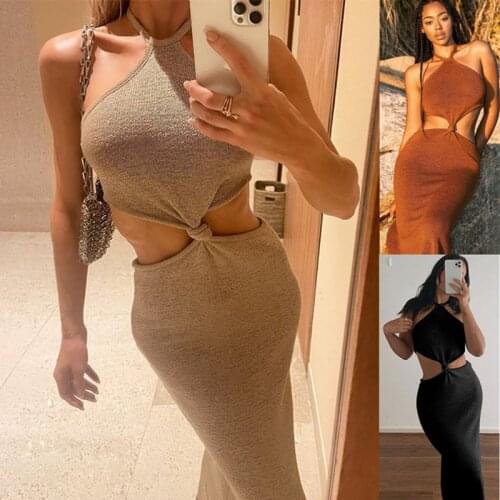 Summer Solid Color High Waist Maxi Dress 2021 Womens New Halter Sexy Holiday Hollow Dress Slim Dresses For Women Robes Femme