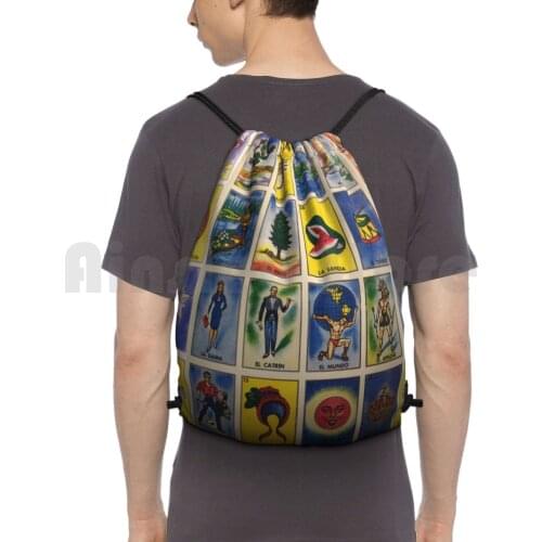 Mexican Loteria Backpack Drawstring Bags Gym Bag Waterproof Mexican Mexico Bingo Game Loteria Lottery El Gallo El