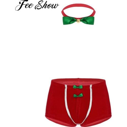 Mens Velvet Christmas Fancy Briefs Boxer Panties Cosplay Costume Mid Rise Front Bulge Pouch Boxer Shorts Underwear with Bowties