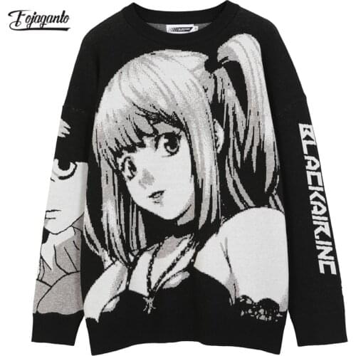 FOJAGANTO Mens Hip Hop Streetwear Harajuku Sweater Vintage Japanese Style Anime Girl Knitted Sweater 2021 Autumn Loose Sweater