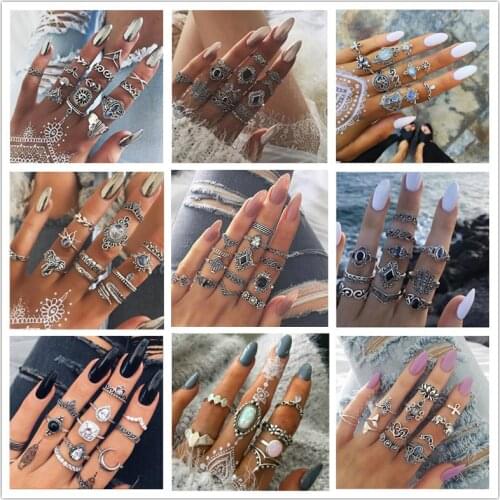 Docona 20 Style Vintage Antique Silver Color Rings Sets Bohemian Lotus Leaf Clear Crystal Stone Geometric Jewelry for Women Men