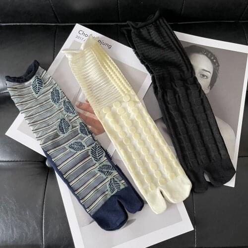 Summer Ultra-Thin Crystal Silk Two-Toed Women Socks Polka Dots Leaves Jacquard Transparent Split Frilly Socks Skarpetki Damskie