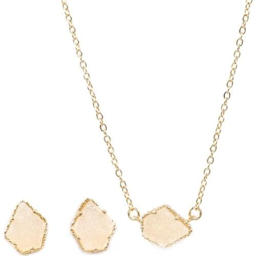 2021 New Multicolor Pentagon Five Sides Claw Gem Resin Geometric Small Druzy Stud Earrings & Necklace Jewerly Set for Women