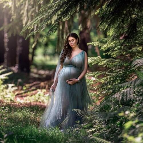 New Soft Tussle V- Maternity Long Sleeveless Dress Pregenant Voile Gown Party Dress for Woman Photography Prop Baby Shower Gift