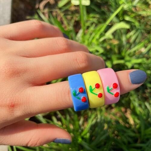 New Ins Simple Creative Color Cherry Ring Cute Three-dimensional Cherry Resin Ring For Women Girl Fashion Jewelry Gift