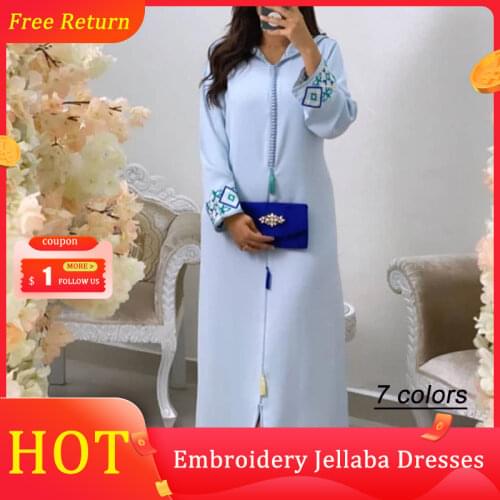 Jellaba Dress Women Hijab Embroidery Floral Kaftan Dubai 2021 Hooded Summer Fashion Elegant Long Dresses Robe Femme Moroccan