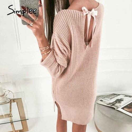 Simplee pink knitted oversize women sweater dress winter 2020 slit short knitted dresses backless sexy female dress vestidos