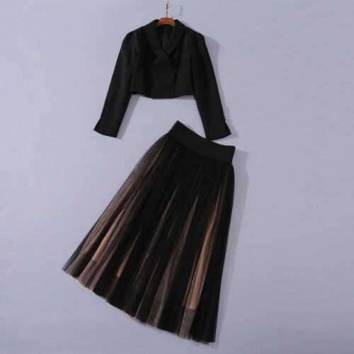 European and American womens wear 2020 autumn new style Long-sleeved double-breasted black jacket Gauze pleated skirt suit