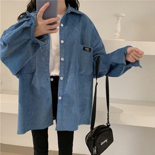 Corduroy Shirt Womens Autumn Long-sleeved Shirt Spring and Autumn Korean Loose Bf Lazy Boyfriend Blue Shirt Jacket