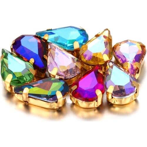 Yi Chuan Shining AB Tear Drop Rhinestones With Golden Claws Glass Crystal Strass Pony Rhinestones Sew On Clothing Crafts Dresses
