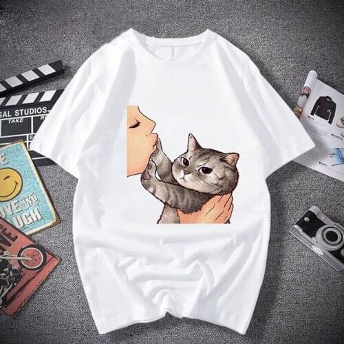 Harajuku Funny Female Tshirt Cute Cat Graphic Print Women T Shirts White Top Casual Short Tees Woman Oversize Tshirt Fashion Tee