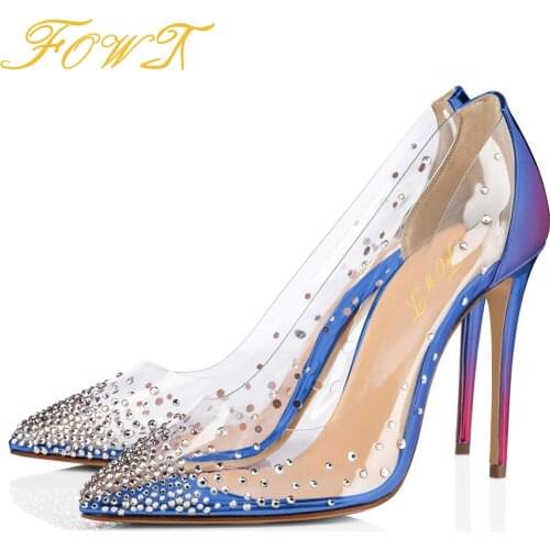 Rivet Rhinestoe Wedding Women Pumps Transparent High Thin Heels Pointed Toe PVC Sandals Rrystal Ladies Shoes Size 42-45 FOWT