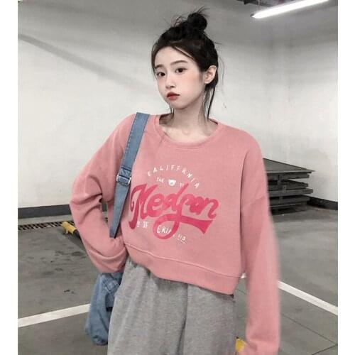 Lazy Style Short Pullover Sweater Women Autumn 2021 New Loose Hoodie Korean Long Sleeve O-Neck Letter Sweatshirt Female Top