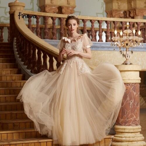 Finove A-Line Evening Dresses 2019 Light Champagne Tulle With Appliques Elegant O Neck Floor-Length Fashion Long Dress For Girls