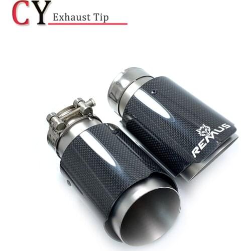 1PCS Car Exhaust Tail Pipe Glossy Carbon Fiber Sandblasting Stainless Steel Straight Flange Muffler Tip With Remus Logo