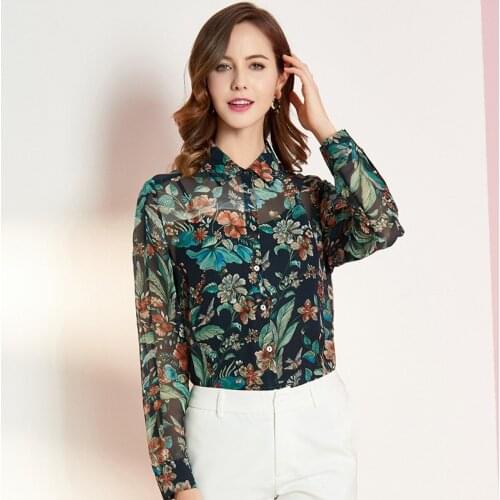 100%real silk boulses for women high quality 2020 summer black green floral office shirts long sleeve casual sexy plus size