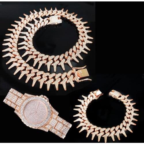 3pcs Kit 25MM Bling Heavy Hip Hop Iced Out Cuban Thorns Link Full AAA Crystal Pave Necklace +Watch+Bracelet for Men Jewelry