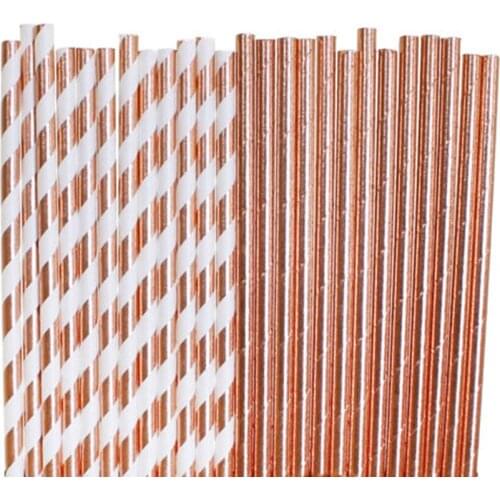 50pcs Rose Gold Foil Paper Straws Bulk, Vintage Solid Color Metallic Gold Paper Drinking Straws for Holiday Party Wedding