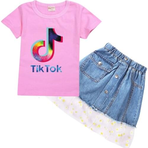 TIK TOK Kids Clohes Summer Short Sleeve O-Neck T-Shirt Tops with Denim Shorts 2pcs Suit Girls Cotton Outfits