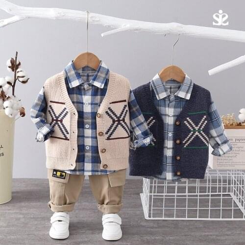 Spring Fashion Kids Cotton Clothes Baby Boys Girls Causal Sweater Vest Plaid Shirts Pants 3Pcs/Set Children Toddler Tracksuits