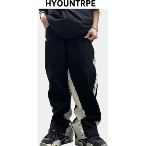 Mens Denim Jeans Casual Ripped Patchwork Straight Zipper Jeans New Hip Hop Streetwear Trousers High Street Loose Pants Joggers