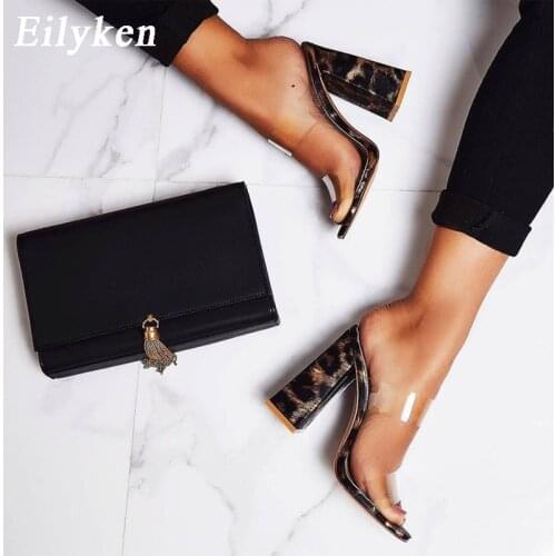 Eilyken 2021 New Leopard grain PVC Transparent High heels Women Slippers Sandals Ladies Summer Fashion Women shoes